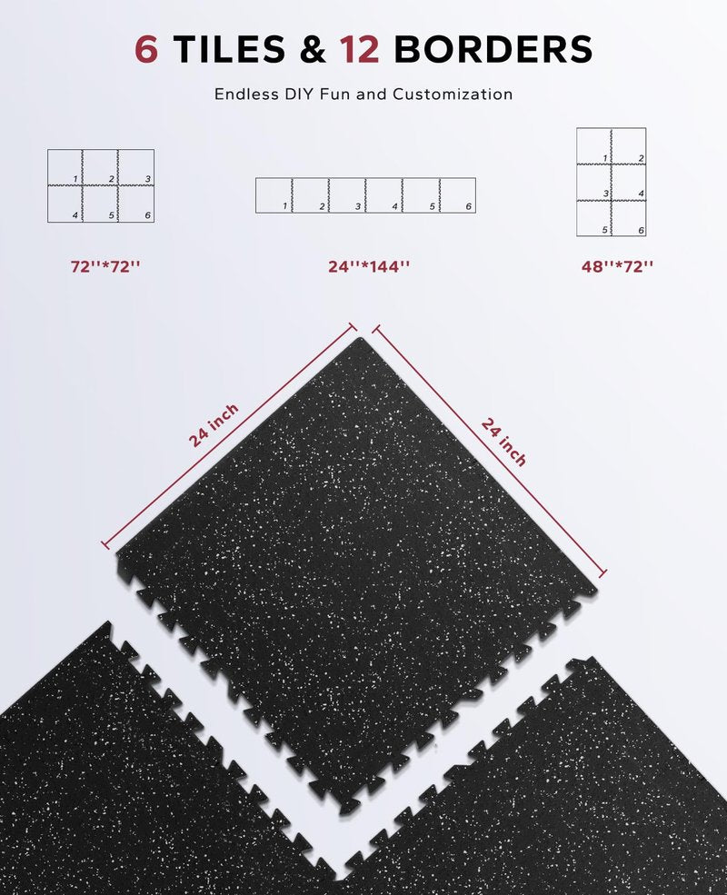 HAPBEAR 0.56'' Thick 6 Pcs 24 Sq Ft Exercise Equipment Mats - High-Density Rubber Top EVA Foam Interlocking Mats, 24x24in Tiles, Heavy-Duty Treadmill Mat for Hardwood Floors, Home Gym Mat