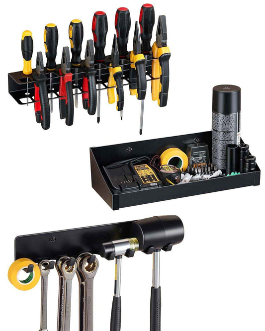 AHOWPD Wall Mount Hand Tool Organizer - Screwdriver Pliers Organizer, Hammer Holder, Wrench Organizer, Power Tool Organizer, 3PCS Alloy Steel Hand Tool Storage Rack for Garage Workshop (Black)