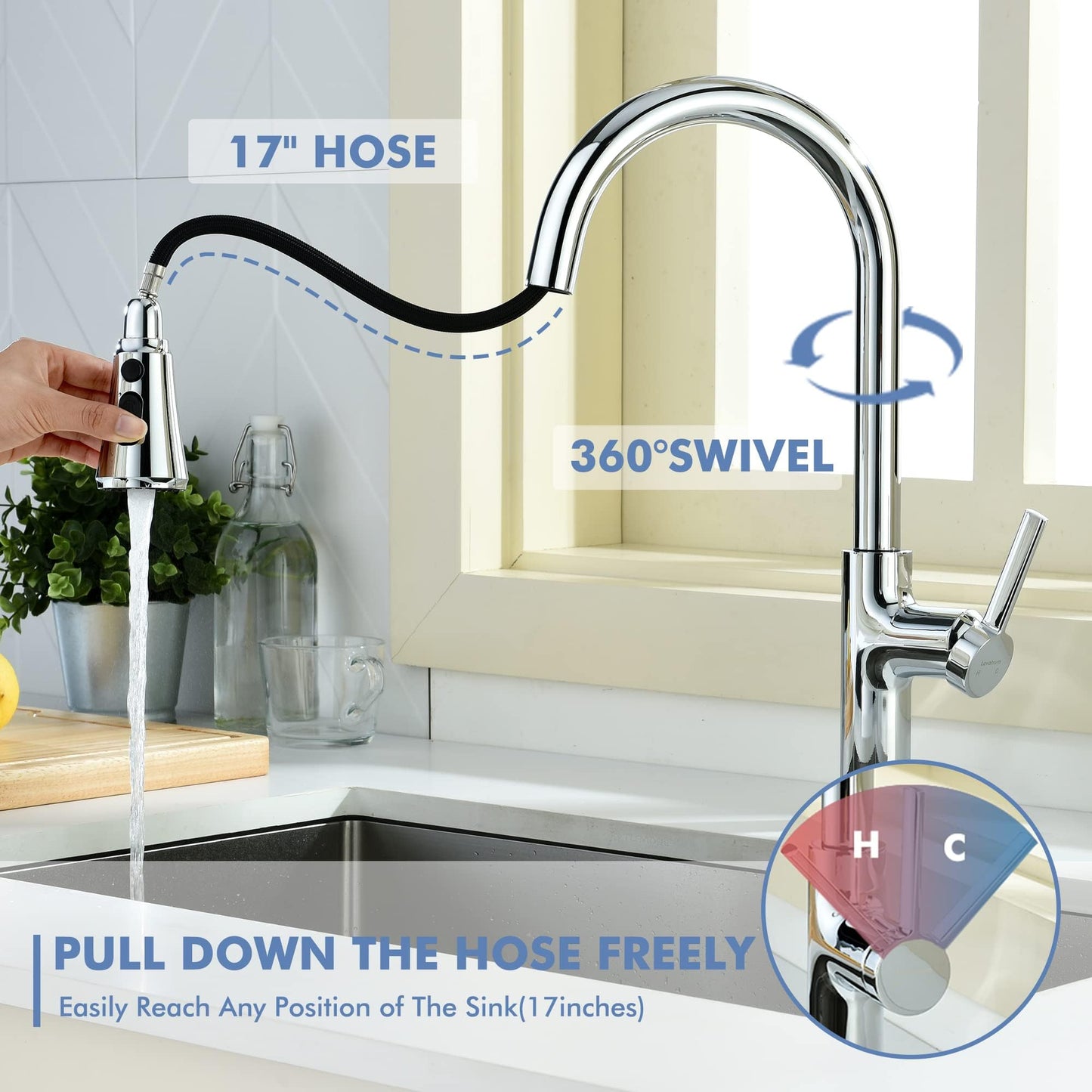 Lavatrum Kitchen Faucet with Pull Down Sprayer Tall Single Handle High Arc Kitchen Sink Faucet Faucet for Kitchen Sink 3-Function Sprayer 17 Inch,Chrome
