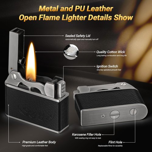 Scotte Vintage Kerosene Lighter, Windproof Soft Flame, Metal and Leather Trench Lighter, Fluid Refillable Pocket Lighters, Easy to Carry and Use, Gift for Father Husband