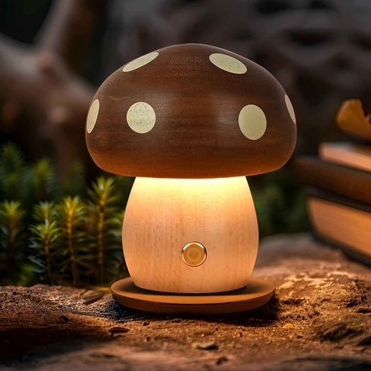LONRISWAY LED Wooden Mushroom Lamp, Rechargeable Battery Operated Portable Cordless Touch Switch Small Lamp, Stepless Dimming Night Light for Birthday Gifts