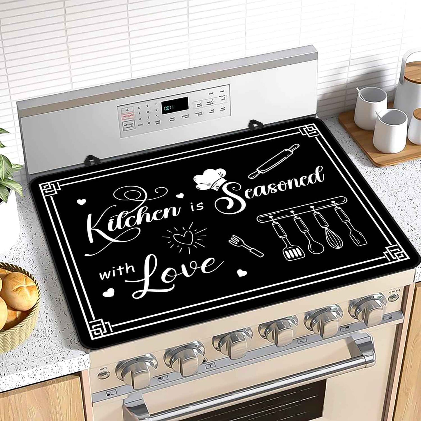 Black Stove Cover, Kitchen is Seasoned with Love Heat Resistant Glass Top Stove Cover Protector 28x20 inch, Cooktop Cover for Kitchen, Ceramic Stove Top Dish Drying Mats