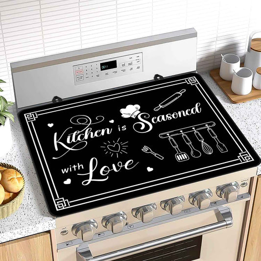 Black Stove Cover, Kitchen is Seasoned with Love Heat Resistant Glass Top Stove Cover Protector 28x20 inch, Cooktop Cover for Kitchen, Ceramic Stove Top Dish Drying Mats