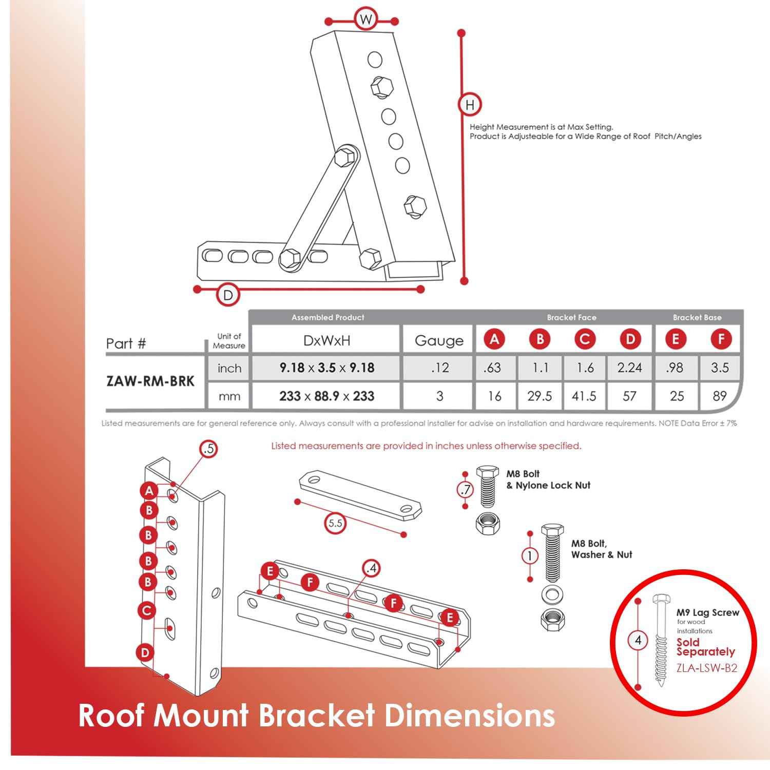 ADVANING Universal Roof Mount Bracket for Retractable Awnings, Premium Quality 3mm Gauge Brushed Stainless Steel, ZAW-RM-BRK