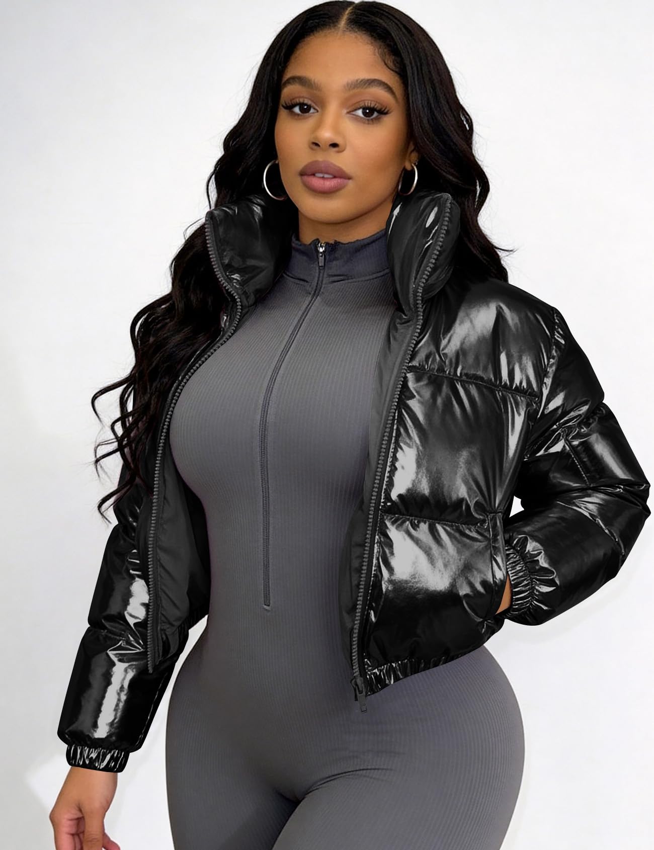 COZYPOIN Women's Metallic Shiny Cropped Puffer Jacket Long Sleeve y2k Zip Up Padded Down Short Coat Outerwear