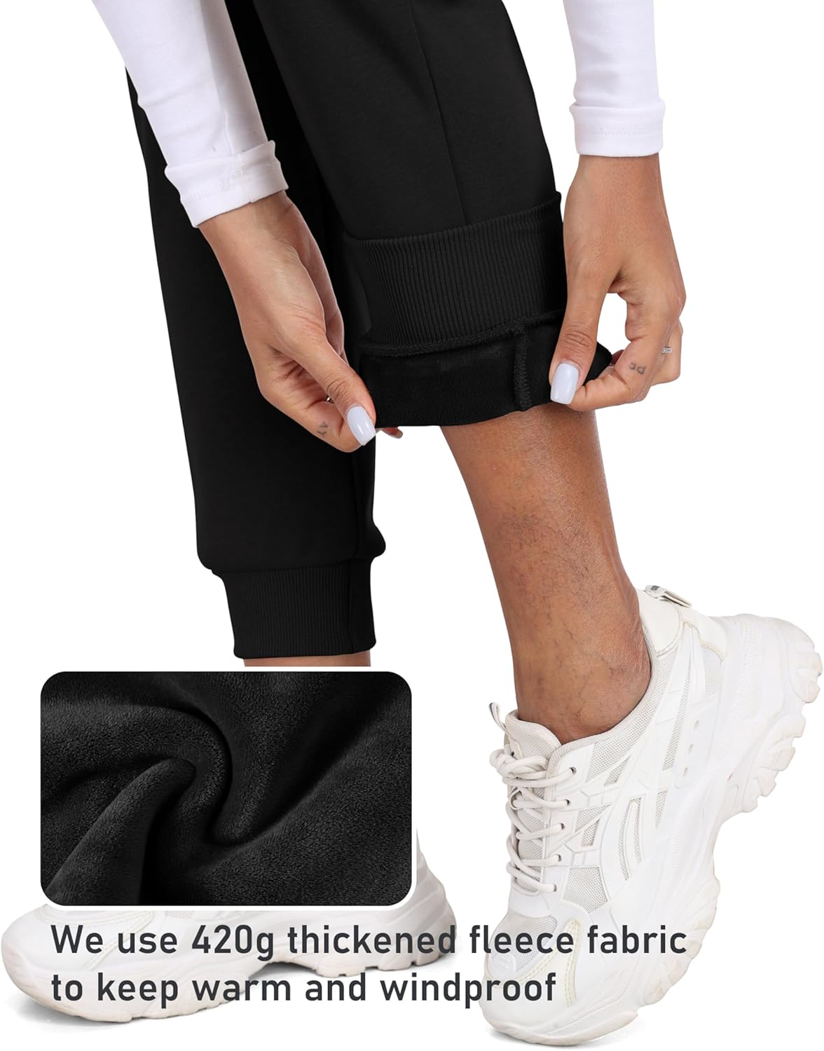 MoFiz Women's Fleece Lined Joggers - Thermal Water Resistant Sweatpants for Winter Workouts | Black, Size L