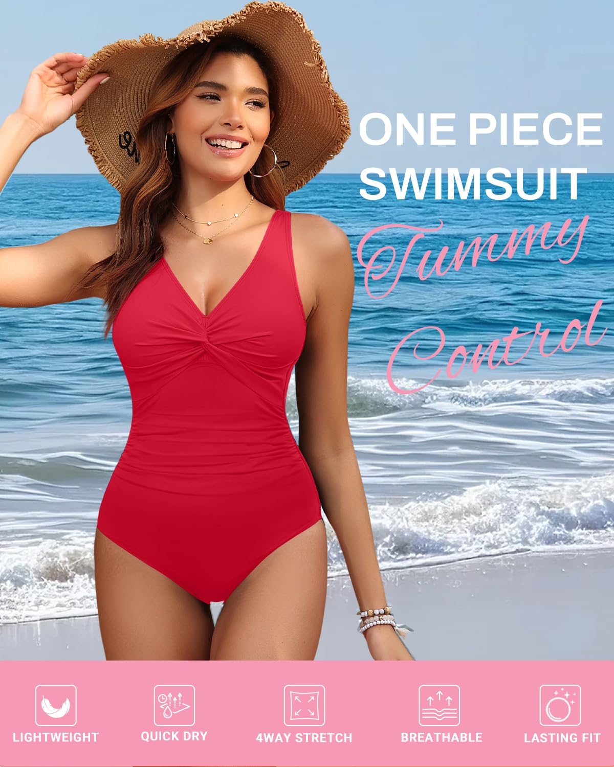Red Tummy Control One Piece Swimsuit Full Coverage Bathing Suit S