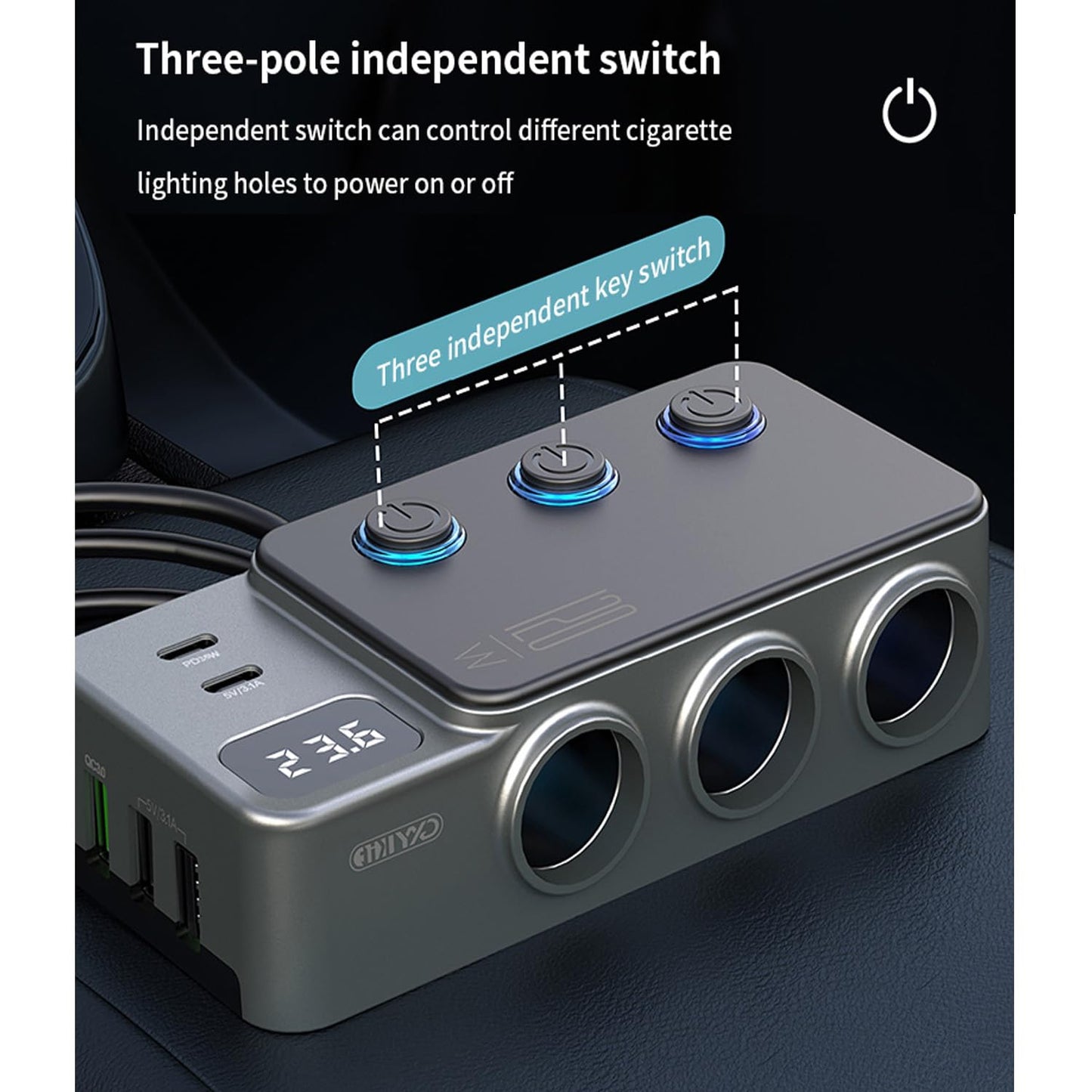Cigarette Lighter Splitter, 8 in 1 Car Cigarette Lighter Adapter PD 35W Car Charger 3-Socket Heavy Duty Truck Multi Port USB C 12V/24V Independent Switches LED Display Super Fast Charger Car Devices