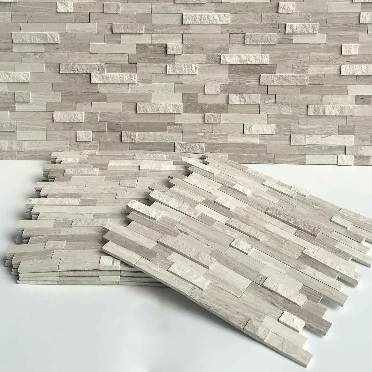 Peel and Stick 3D Stone Mosaic Tiles - 12x11" Self-Adhesive Backsplash for Kitchen & Bathroom - 5 Sheets, Mixed Tan
