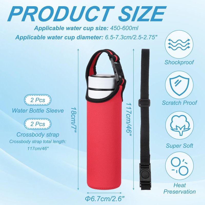 uxcell 2pcs Neoprene Water Bottle Sleeve, 15.5-20oz Insulated Water Glass Bottle Carrier Bag Collapsible Drink Bottle Sleeve Cover Holder with 2 Straps, Red