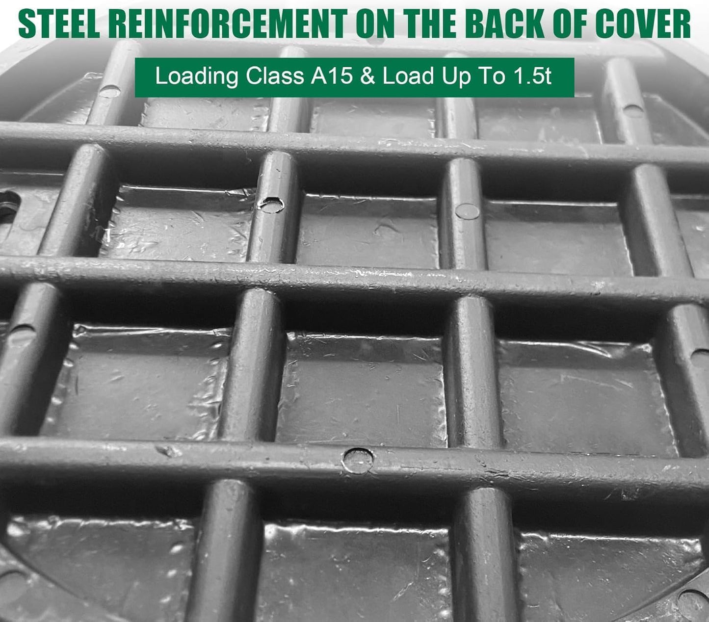 Natotela 16in Round Manhole Cover and Frame, Fiberglass Recessed Solid Top Cover with Base Size 18.5in,14in Clear Opening,Septic Tank Cover and Base for yard, Non-slip Reinforced Sewage Basin Cover