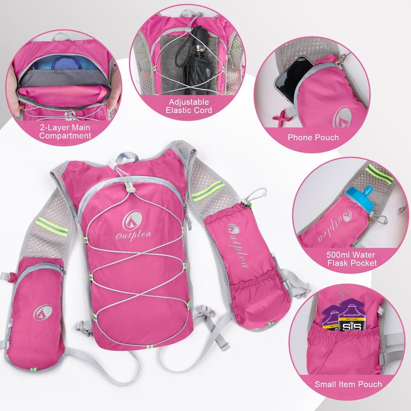 Outplea Lightweight Hydration Backpack with 2L Water Bladder, Small Water Backpacks Running Vest for Men Women, Hydropack Daypack for Hiking Cycling Running Marathon Trail Skiing, Pink