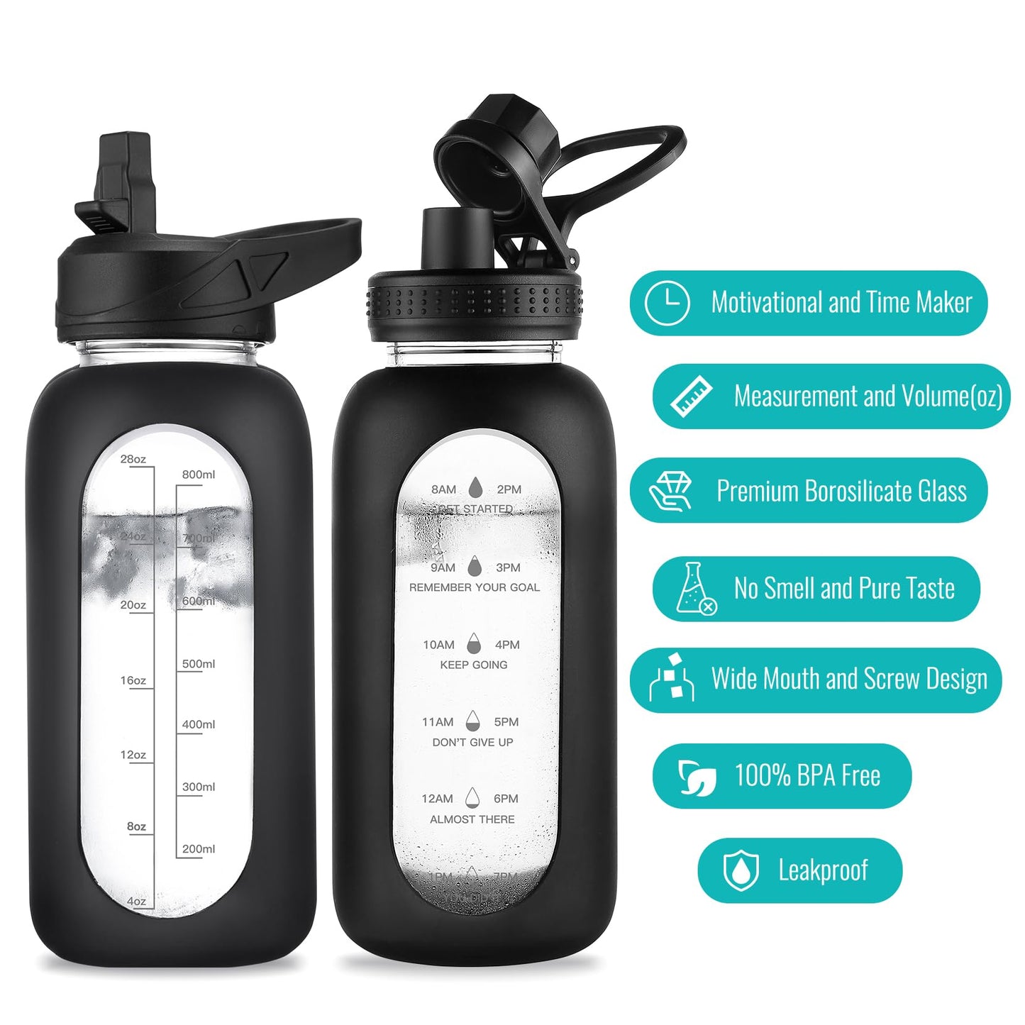 EALGRO 32 oz Glass Water Bottle with Straw and Handle, Sports Motivational Water Flask with Silicone Sleeve, Large Leakproof Water Flask Cup with Time Marker for Travel, Gym, Army Green