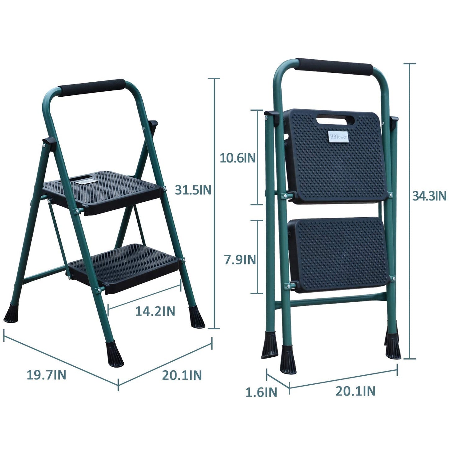 HBTower 2 Ladder, 5FT Folding Step Stool with Wide Anti-Slip Pedal, Sturdy Steel Ladder, Convenient Handgrip, Lightweight 500lbs Portable, Green