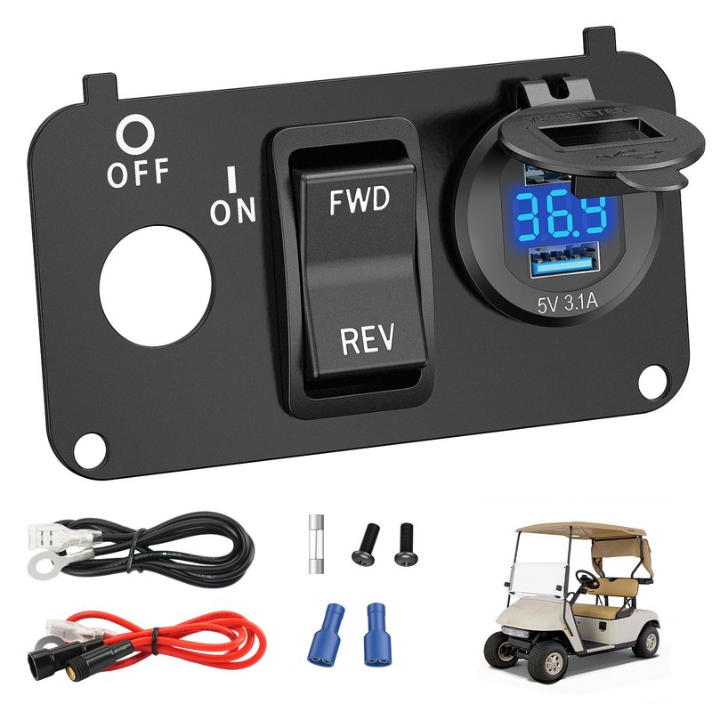 FIXHAWK Golf Cart Key Switch Console Plate Panel Fit for EZGO TXT,Medalist,PDS Electric Golf Cart, with Forward Reverse Switch,DC Fast Charging Dual USB Charger Socket and LED Digital Voltmeter
