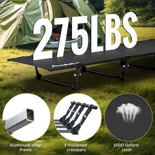 Anbte Ultralight Folding Camping Cot, Comfortable Portable Camping Cot Supports 275 lbs with Storage Bag & Side Pocket, Lightweight Folding Bed for Outdoor Travel Tent Indoor Emergency Bed, Black