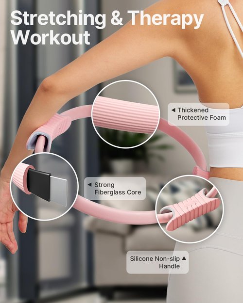 YOTTOY Pilates Ring and Ball Set, Figure 8 Resistance Bands, Stretch Bands&Guide,Pilates Equipment Set for Beginners for Home Workouts Core Strength, Yoga, Physical Therapy & Rehab (Pink, 13.5 Inch)