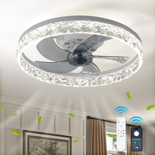 FRIXCHUR 19.7" Crystal Chandelier Fan Modern Flush Mount Ceiling Fan with Lights Dimmable Low Profile Ceiling Fans 6 Speeds 3 Color Fandeliers for Bedroom Living Room Kitchen (White)