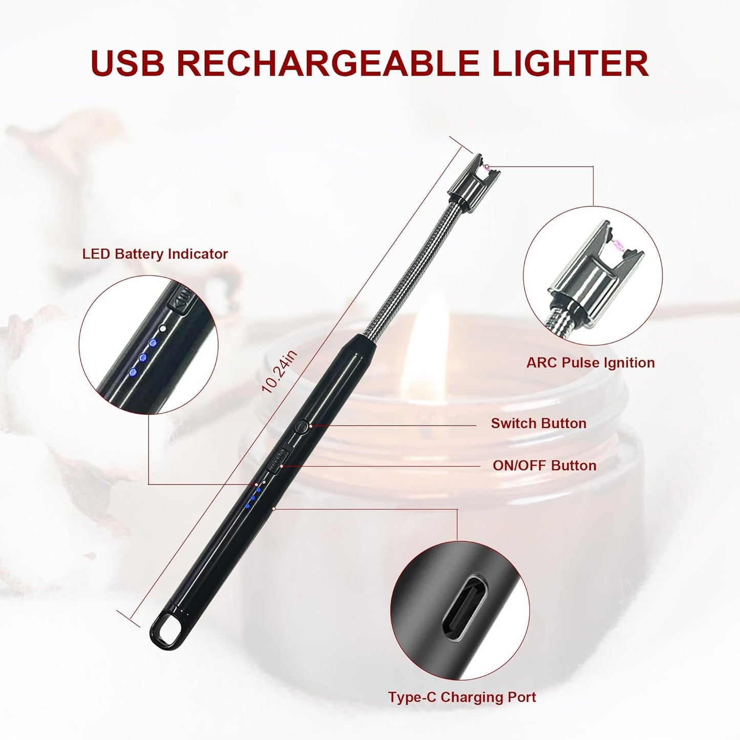 Skiennix Electric Candle Lighter - Rechargeable 360° Flexible Neck Plasma Lighter | 2 Pack (Black)