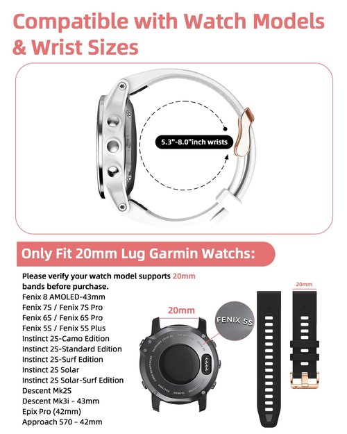Bandkids 20mm Silicone Bands for Fenix 8 AMOLED-43mm/Fenix 7S/Fenix 6S/Fenix 5S/Fenix 5S Plus,Soft Quickfit Replacement Strap for Women & Small Wrists