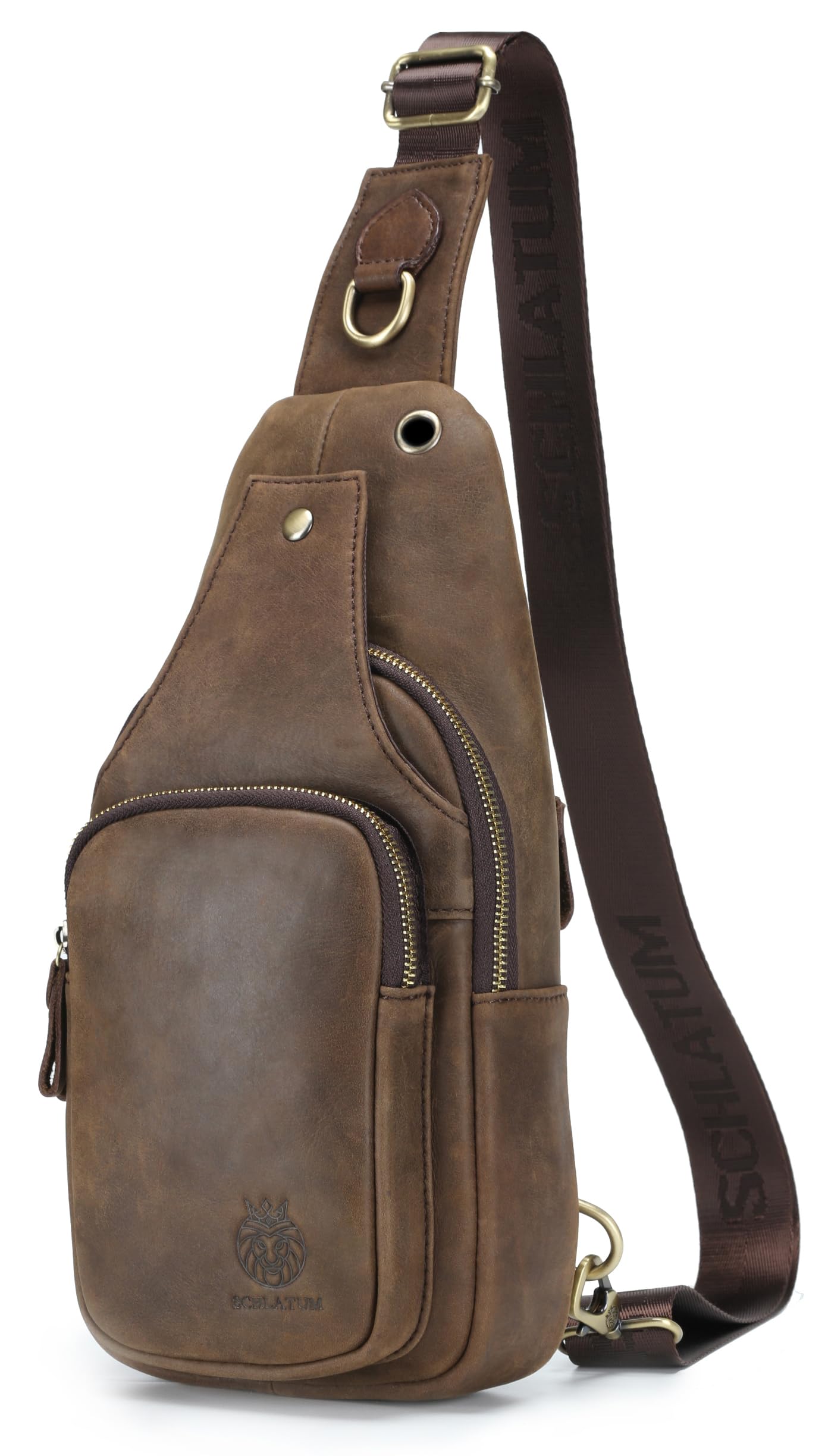 SCHLATUM Mens Sling Bag Genuine Leather Crossbody Bags for Men Small Sling Chest Backpack Casual Man Bag Hiking Outdoor, Coffee