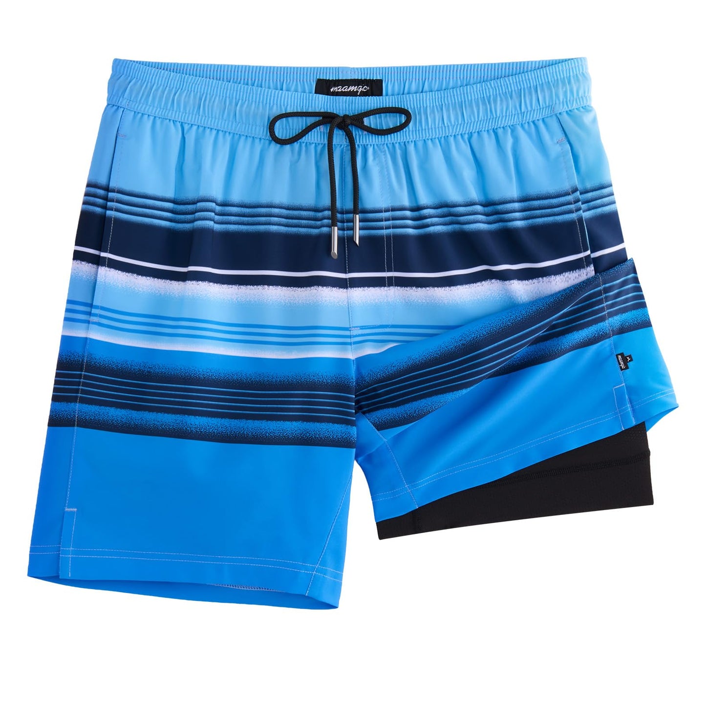 maamgic Mens Swim Trunks with Compression Liner 7 Inch Inseam Mens Bathing Suit Quick Dry Swimming Trunks Swimsuit Stripe Blue Black Large