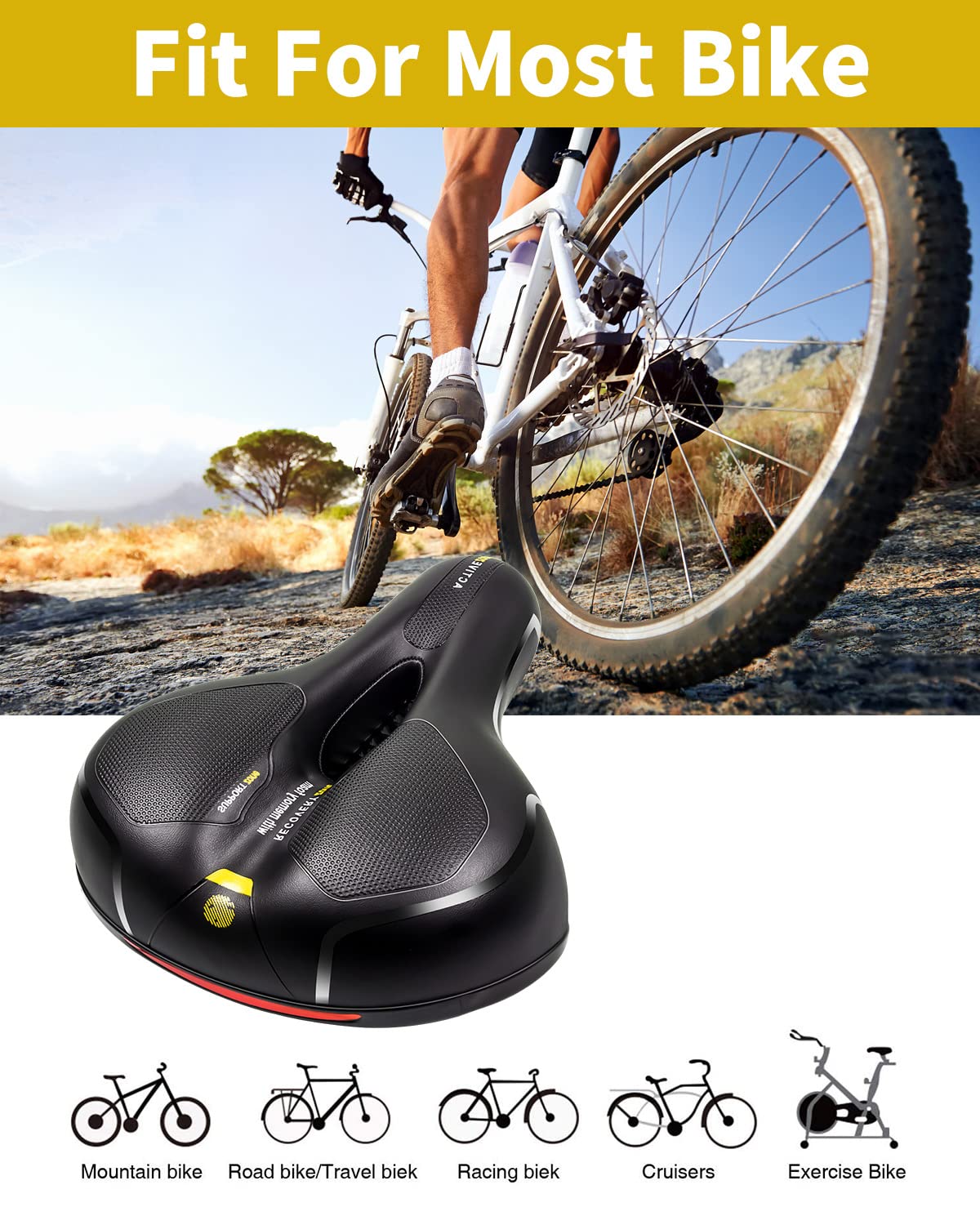 MSDADA Comfortable Bike Seat Cushion - Wide Bicycle Seat Comfort for Men Women with Dual Shock Absorption - Memory Foam Padding, Waterproof Bike Saddle for Stationary, Exercise, Mountain, Road Bikes