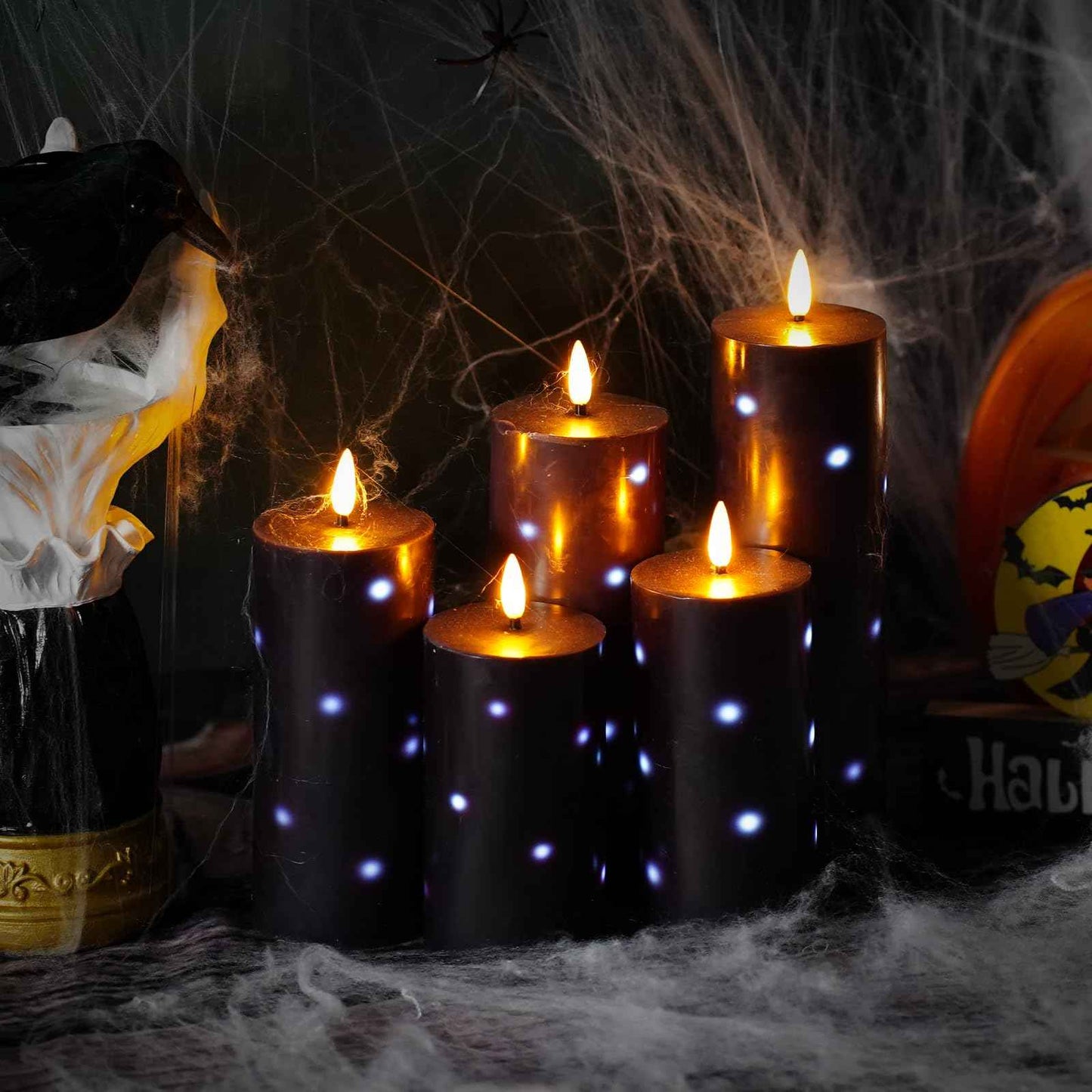 Nimiko Flickering Flameless Candles with Remote Control and Timer Set of 5 Pc Real Wax LED Pillar Candles, Battery Operated Candles（D2.2×H5/5.5"/6"/7"/8"） Halloween Decorations Home Decor （Black）
