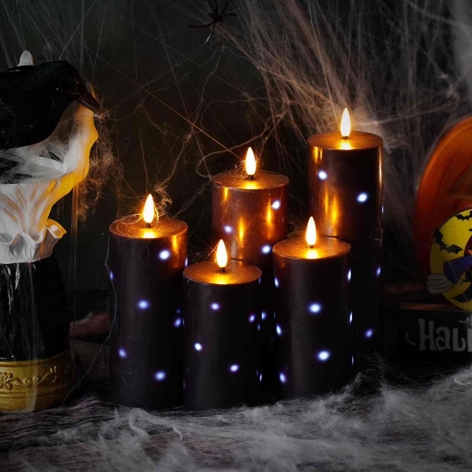Nimiko Flickering Flameless Candles with Remote Control and Timer Set of 5 Pc Real Wax LED Pillar Candles, Battery Operated Candles（D2.2×H5/5.5"/6"/7"/8"） Halloween Decorations Home Decor （Black）