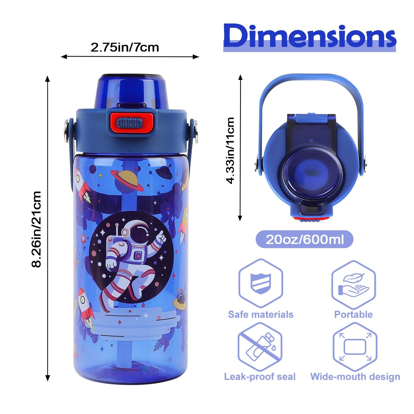 alldomess 20oz Kids Water Bottle For School or Travel, Leak-Proof & Dishwasher, Durable Plastic Sport Water Bottle With Straw and Handle, Astronaut