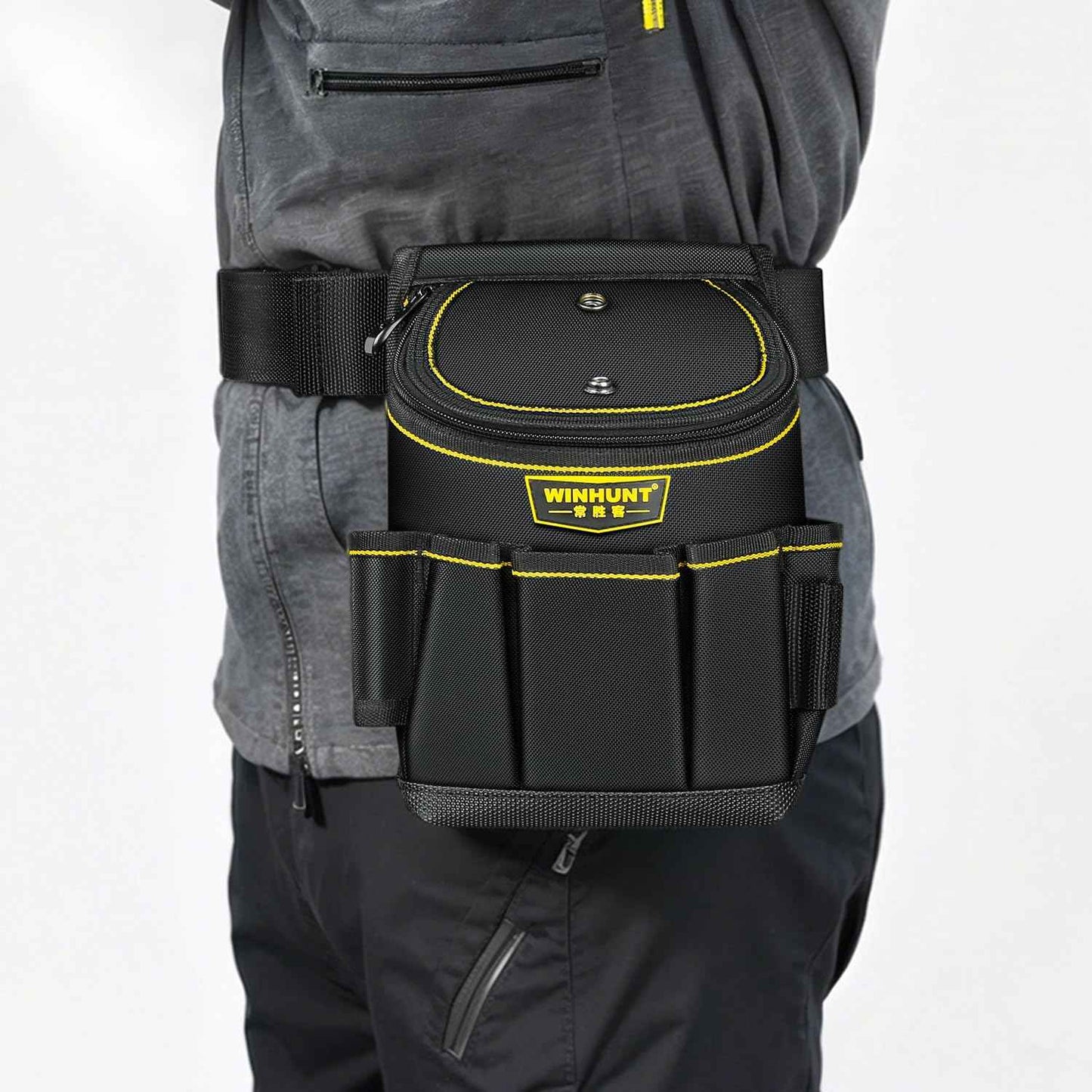 WINHUNT Tool Belt Pouch with Multiple Pockets, Heavy Duty Construction Belt Bag, Black and Yellow, Storage for Electrician Tools