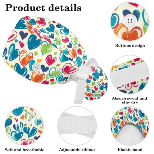 Women’s Working Cap Scrub Hats with Bow Scrunchies, Hearts Love Patterns Bouffant Surgical Cap Ponytail Holder