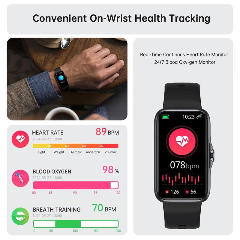Health Fitness Tracker, Smart Watch with 24/7 Heart Rate and Blood Oxygen Monitor, Sleep Tracker with IP68 Waterproof, Activity Tracker Pedometer Step Counter for Women Men (Black)