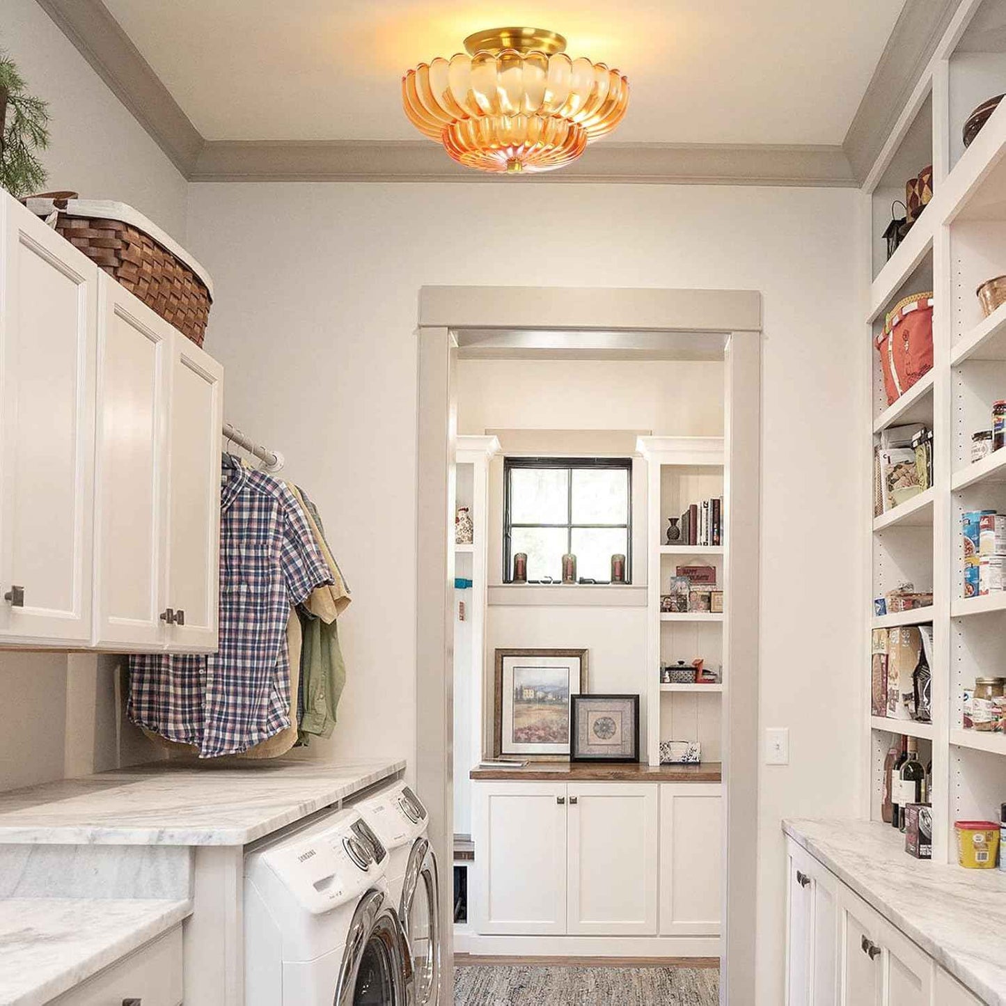 Modern Semi Flush Mount Ceiling Light Fixture with Brown Glass & Black Base - Ideal for Living Room, Kitchen, Bedroom, Hallway (Bulb Not Included)