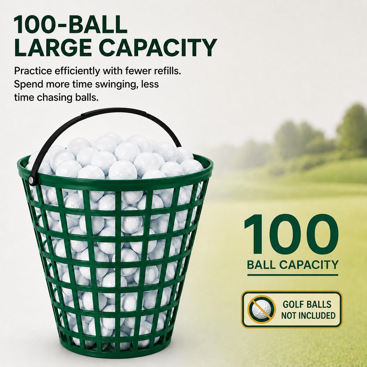VANZACK Plastic Golf Ball Basket 100 Balls, Golfball Container Golf Ball Bucket with Handle, Holds 100 Balls, for Summer Golf Ball Storage Practice Accessories, Green