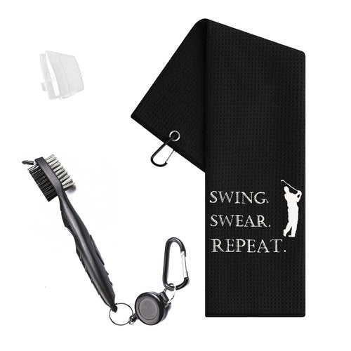 YLXLLSM Funny Golf Towels for Golf Bags for Men, Swing Swear Repeat Towel Golf Accessories for Men Golfers Women, Black Embroidered Towel with Clip Club Brush Groove Cleaner Set