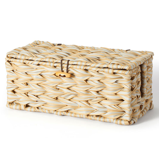 Delamu Handmade Synthetic Rattan Cable Management Box, Flat Weave Desk Organizer with Wire Management, Multi Purpose Cord Hider Box, 12.5" Lx 5.3" Wx 5.3" H, Natural & White