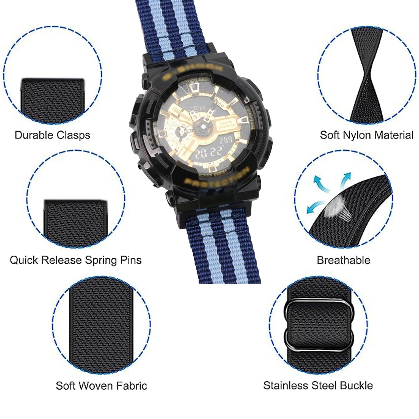 Elastic Watch Bands Compatible with Casio 16MM GA-100/G-5600/GA-300/GLS-100/GB-5600/GW-6900/G-Shock DW-5600/8900/GWM5610,Stretchy Soft Adjustable Replacement Nylon Strap (Black&Navy&Boho Teal)