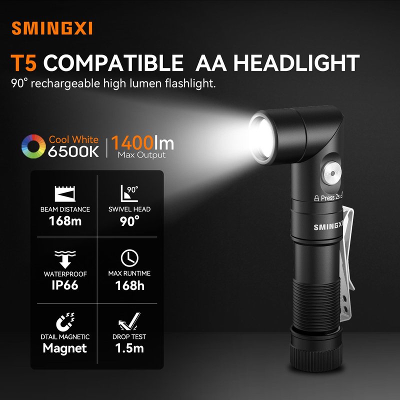 SMINGXI T5 1400 Lumens Rechargeable LED Flashlight, 90 Degree Adjustable Head, EDC Tactical Flashlight,Magnetic AA Pocket Work Light with Red Diffuser & Clip for Camping, Hiking, Emergency