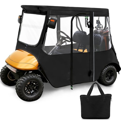 Golf Cart Deluxe Enclosure Cover for EZGO TXT & RXV 2 Seat 600D with 3 Door Zippers, Security Side Mirror Reserved, Waterproof Portable Transparent Storage Driving Rain Cover Short Roof