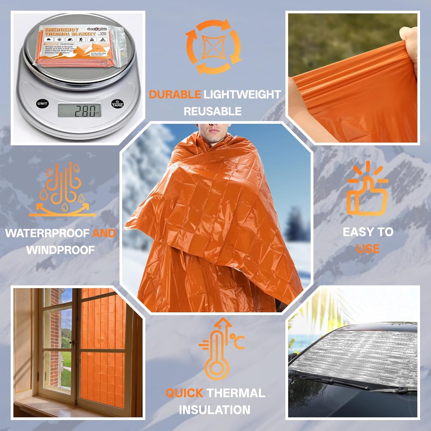 SecuCaptain Thermal Emergency Blankets - Thick 28um Mylar Kit for Cold Weather Camping | 4 Pack - Orange