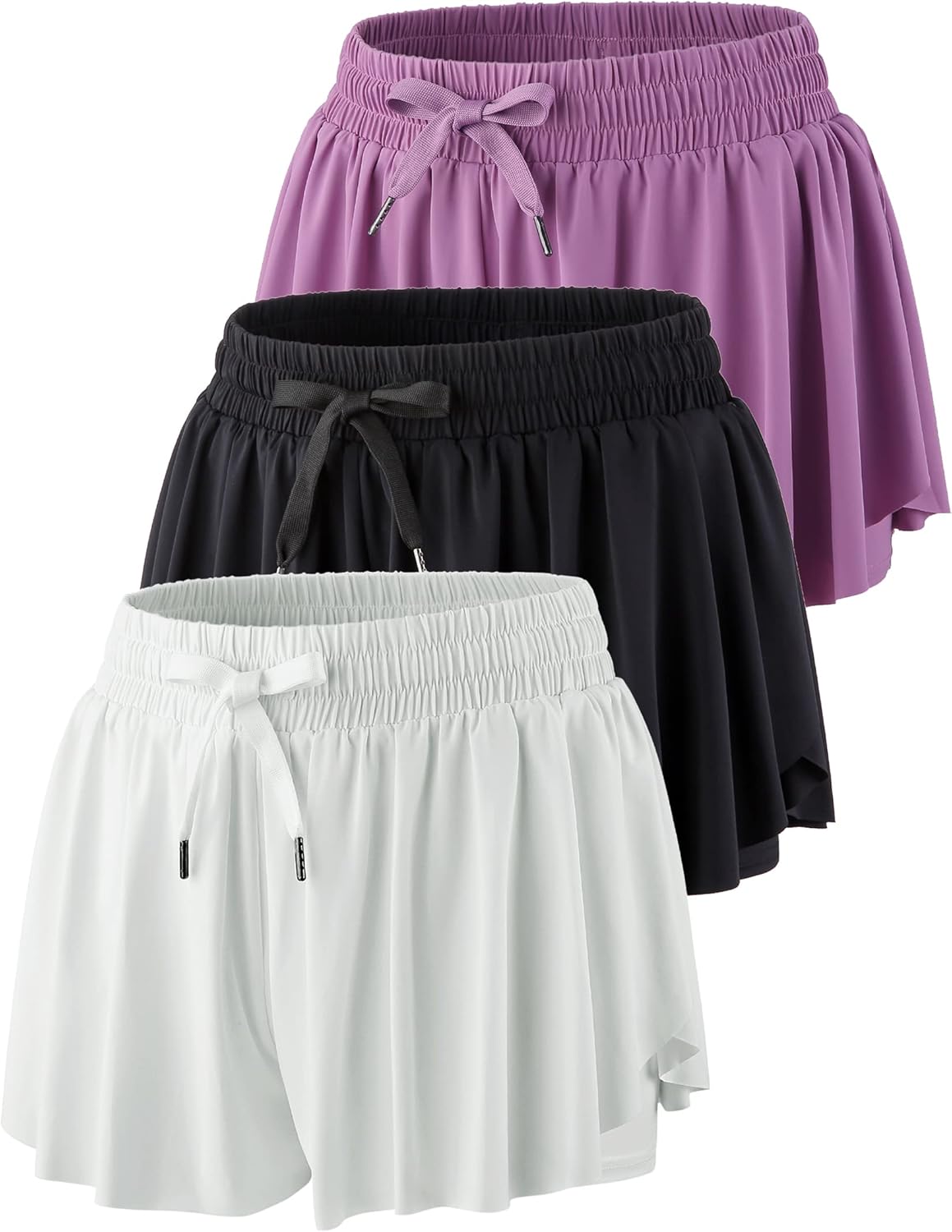Skiennix 3 Pack Women's Flowy Athletic Shorts - 2-in-1 Butterfly Running Design with Built-in Spandex Liner