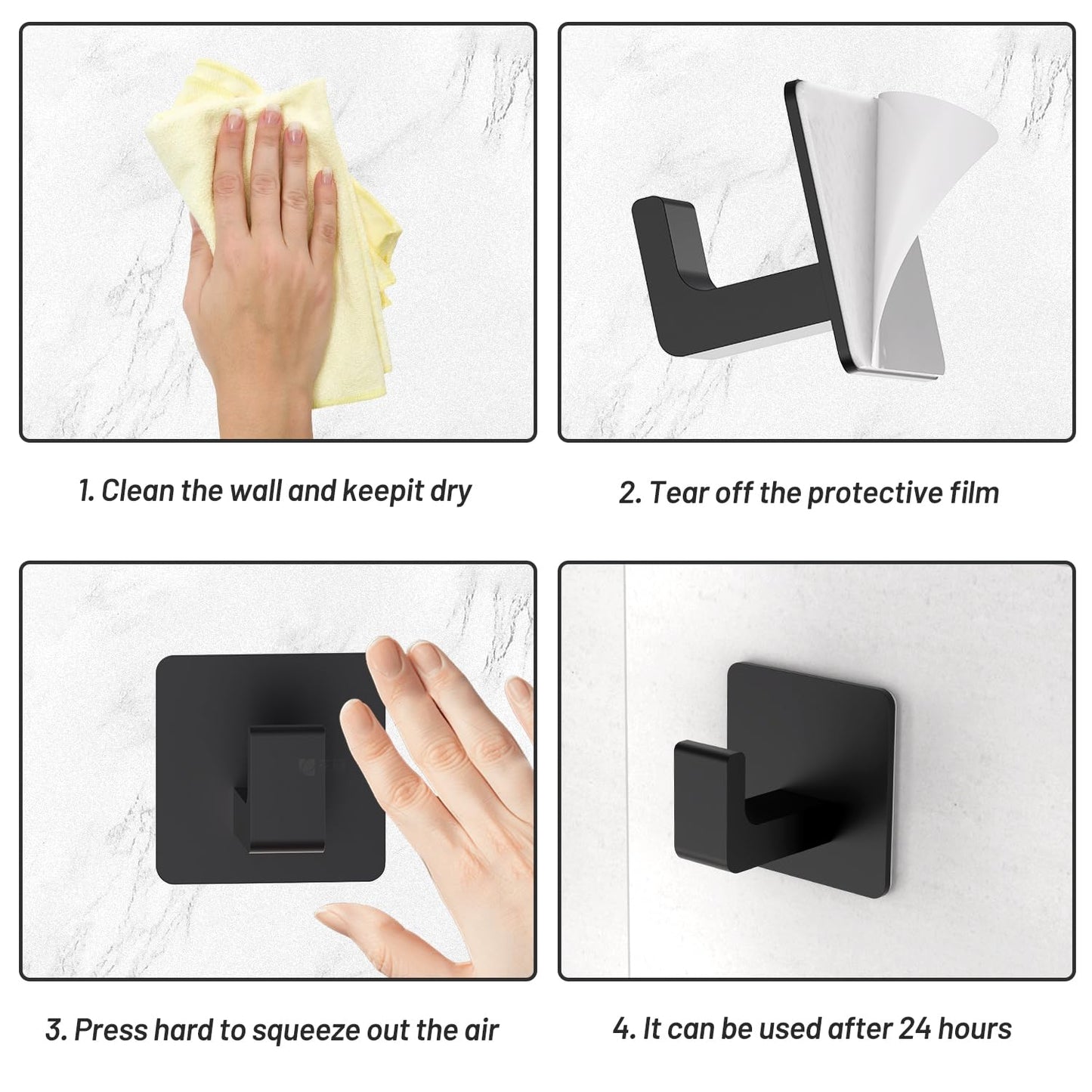 Fadroky Towel Hooks for Bathroom Adhesive, 4 Pack Matte Black Bathroom Hooks for Towels - Heavy Duty rustproof Towel Hook, sus304 Stainless Steel Adhesive Towel Hooks, Wall Mounted Shower Hooks