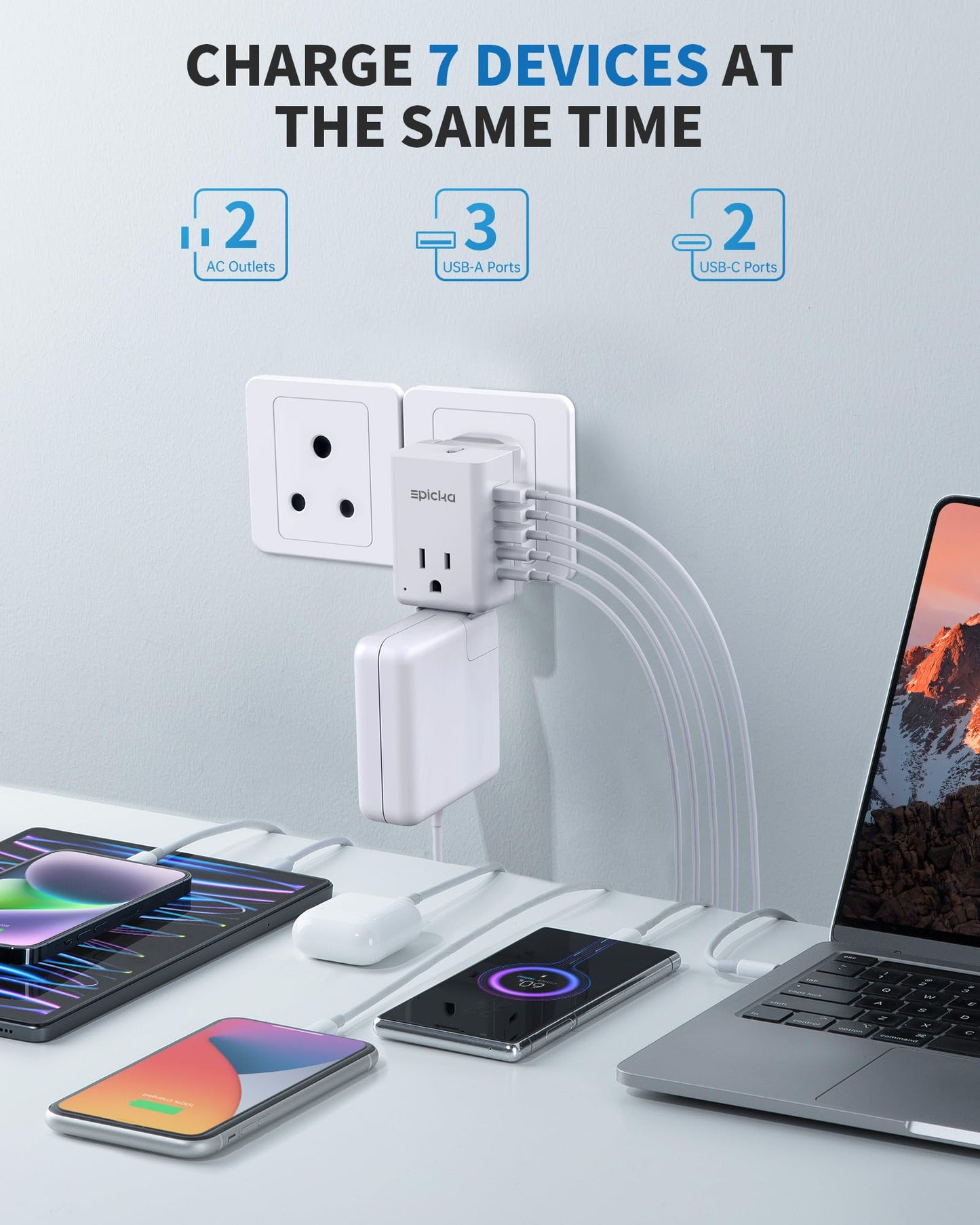 EPICKA US to India Travel Adapter, Universal Plug Adapter with 2 US Outlets, 3 USB-A & 2 USB-C Ports, Ultra Compact Swap&Adapt Type D Plug Attachment, Grounded Adapter for India, Pakistan (X232D)