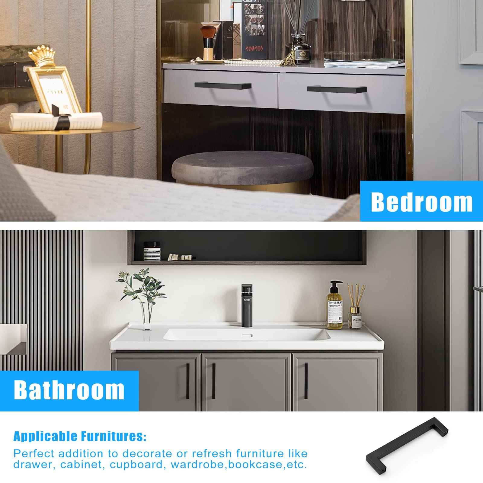 KNOBWELL 50 Pack 5" Matte Black Kitchen Cabinet Handles, 5 Inch (128mm) Hole Distance Closet Handles, 5-2/5 inch (138mm) Overall Length Stainless Steel Black Pulls for Cabinets