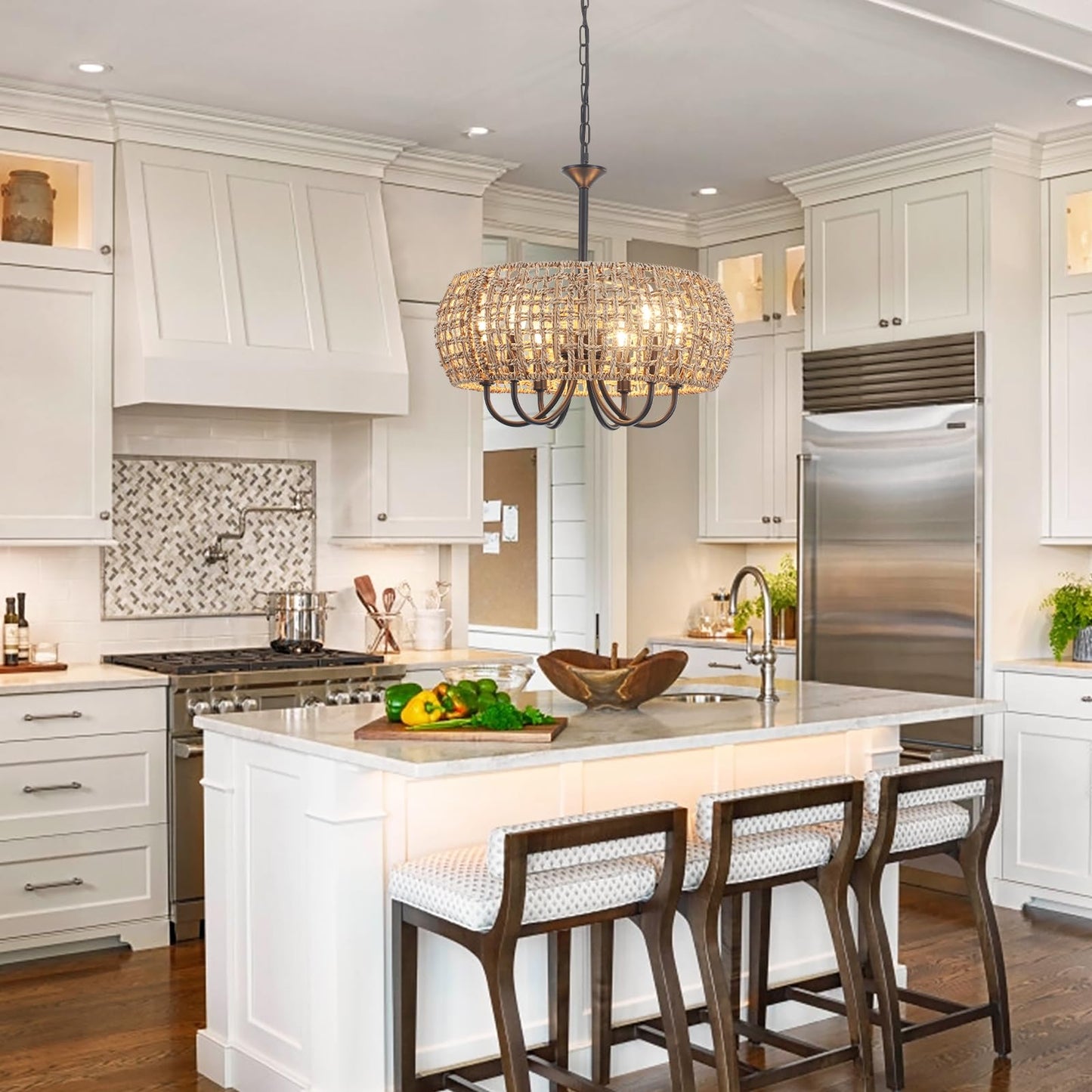 BYKWRTV 6-Light Rattan Chandelier Light Fixture, 18.11'' Wicker Chandelier Boho Kitchen Light Fixtures, Rattan Pendant Light Rustic Farmhouse Chandeliers for Dining Room Living Room Foyer