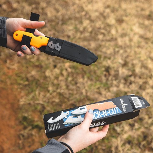 Cold Steel Click N Cut - Hunters Fixed Blade Knife | Durable 420J2 Steel Compact Hunting & Hiking Multiple Replaceable Blades | Sheath & 3 Blades Included - Boxed Package