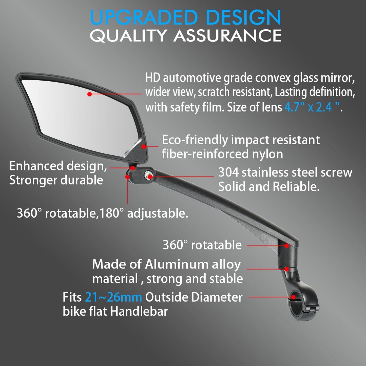 BriskMore Handlebar Bike Mirror - Crystal Clear HD Glass, 360° Adjustable&Foldable Mirror for Safe Riding, Wide Angle Rearview for E-Bikes, Mountain Bikes & Scooters,Bicycle Mirrors,Left Side Mount