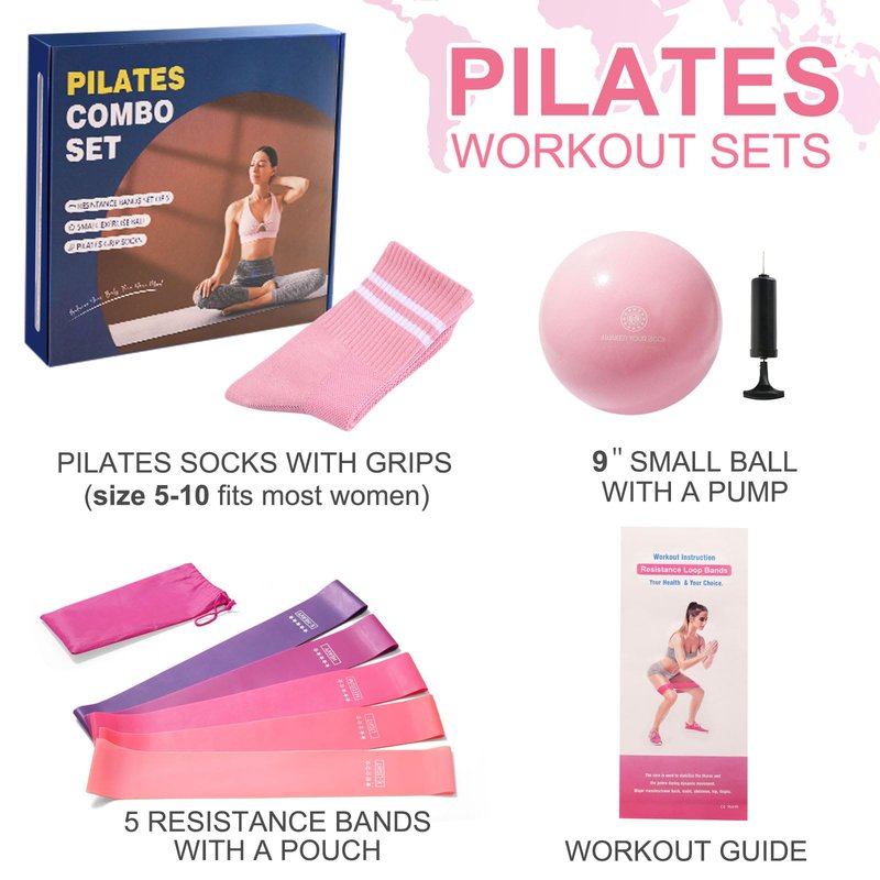 floconssy Pilates Gift Set Ball Resistance Bands Pilate Socks, Loop Exercise Bands 5 Levels, Small Pilates Ball 9 Inch, Non Slip Socks Grips Yoga Kit for Home Workouts Pink