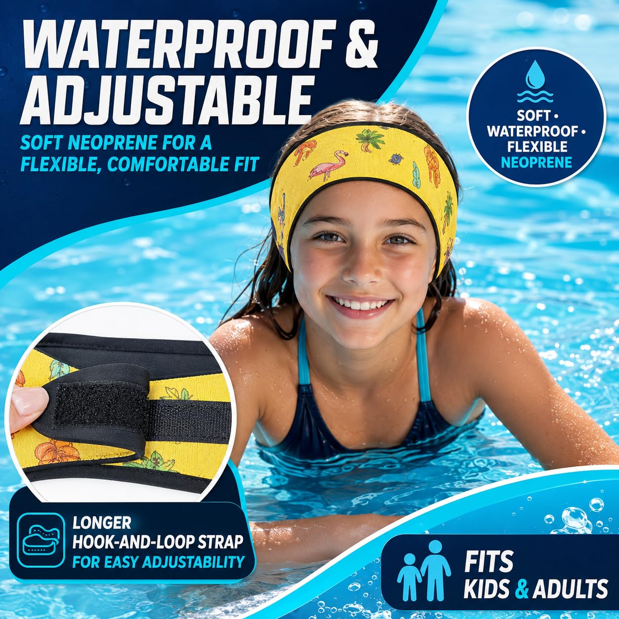Swimming Headband for Kids - 2 Pairs Waterproof Ear Plugs & Adjustable Swim Ear Band,Keep Water Out and Hold Earplugs in - Water Headband for Surfing, Diving, Pool, Showering, and Beach